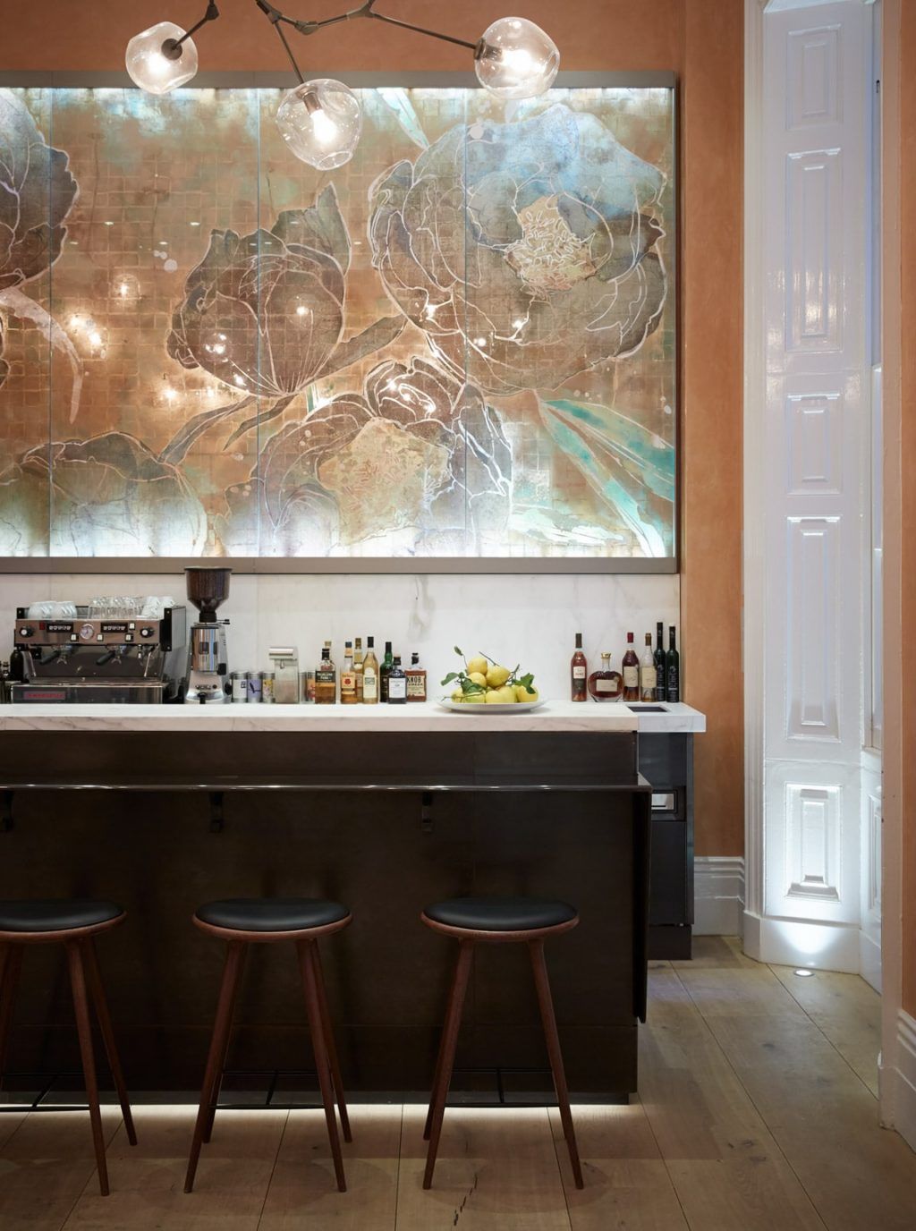 Verre églomisé artwork with chandelier for Skye Gyngell at Spring, Somerset House, London.