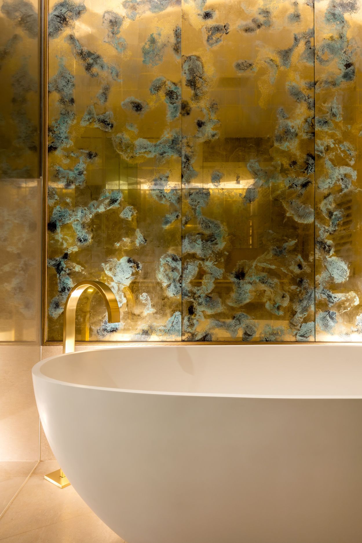 Verdigris and gold bathroom panels.