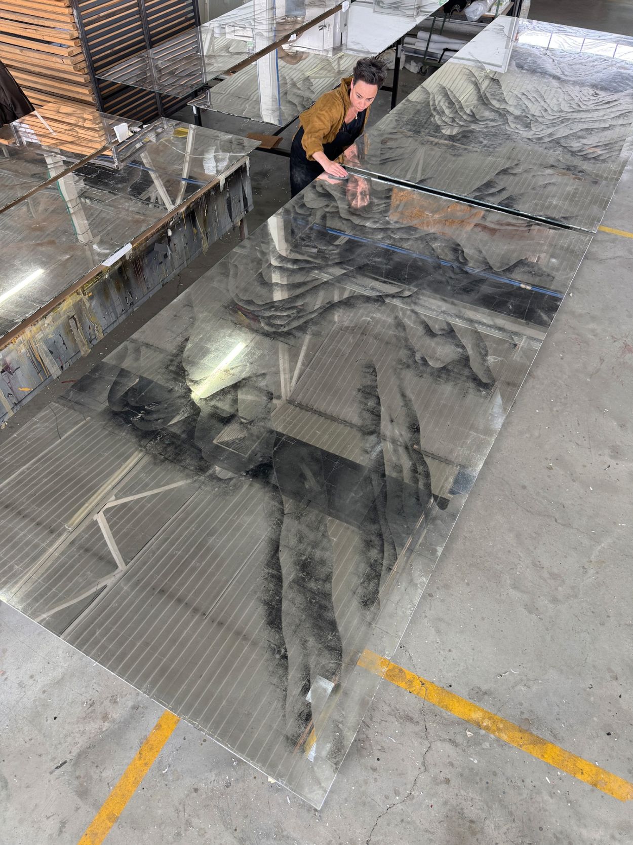 Verre eglomise mountain scape in for restaurant.