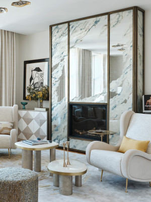 Verre eglomise fireplace at London apartment by Peascod.