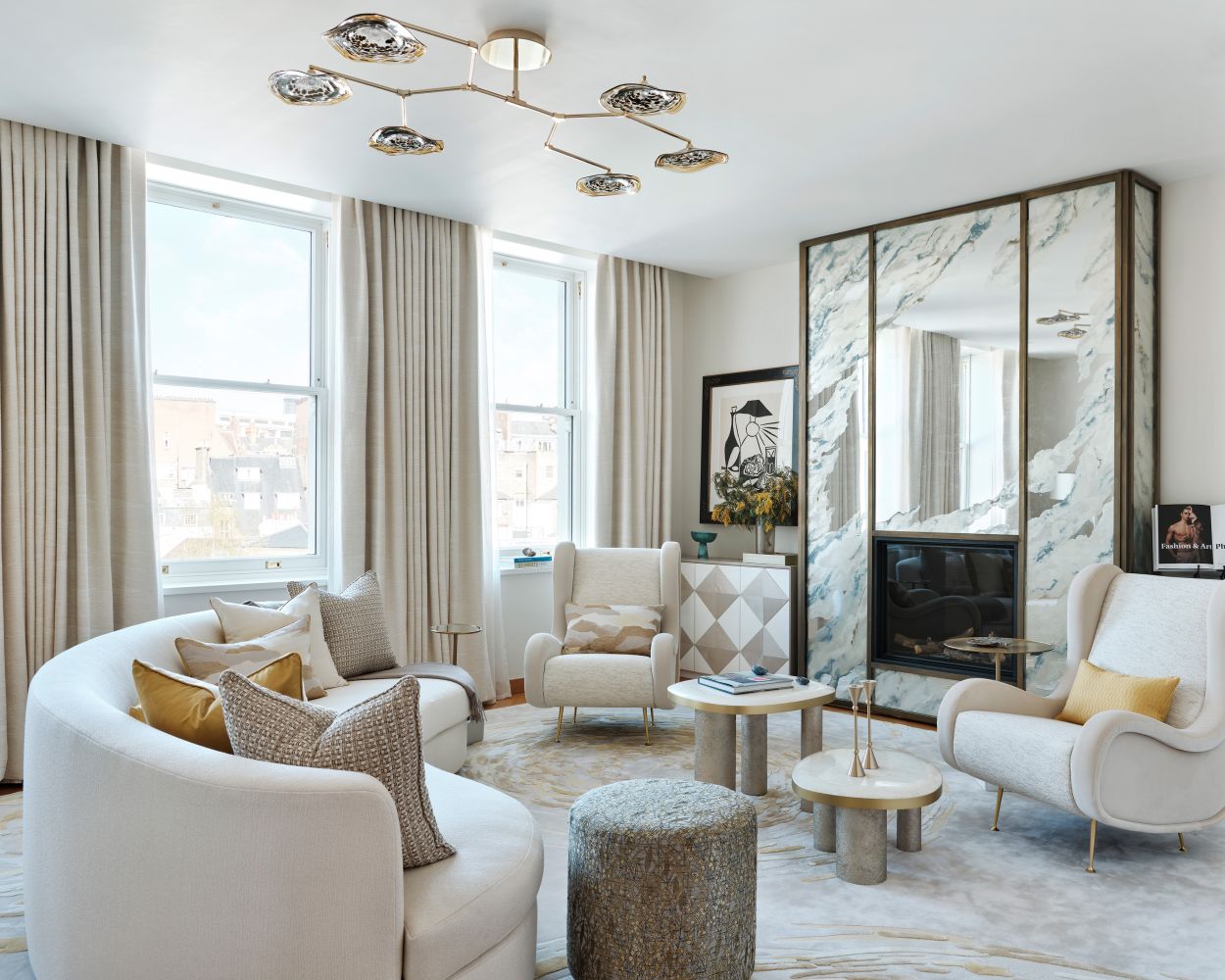 Verre eglomise fireplace within living room by Peascod.